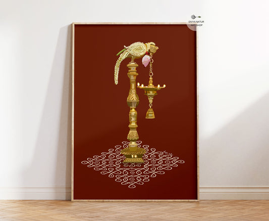 Hand illustrated South Indian kuthu vilakku fine art print with jasmine garlands and kolam