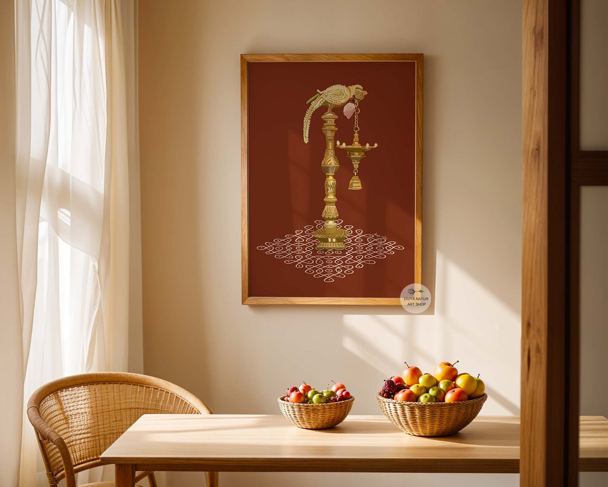 Traditional Tamil spiritual wall art featuring brass oil lamp and glowing deepam lights