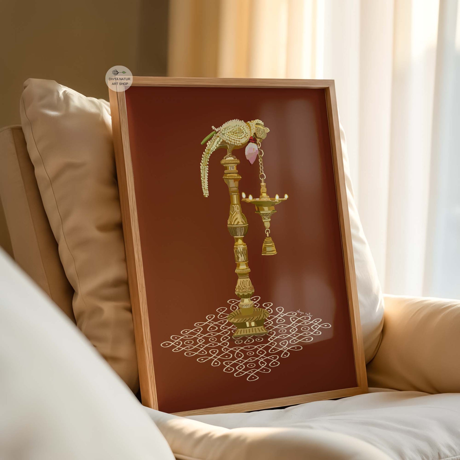 Indian pooja room artwork inspired by temple lamps and South Indian rituals