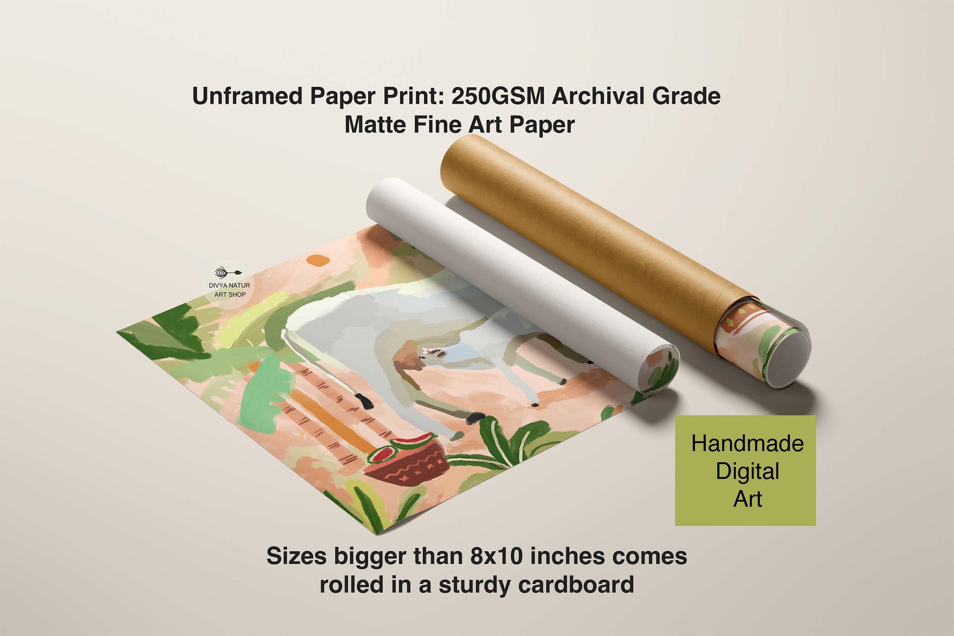 Unframed paper print with a roll of matte fine art paper on a beige background
