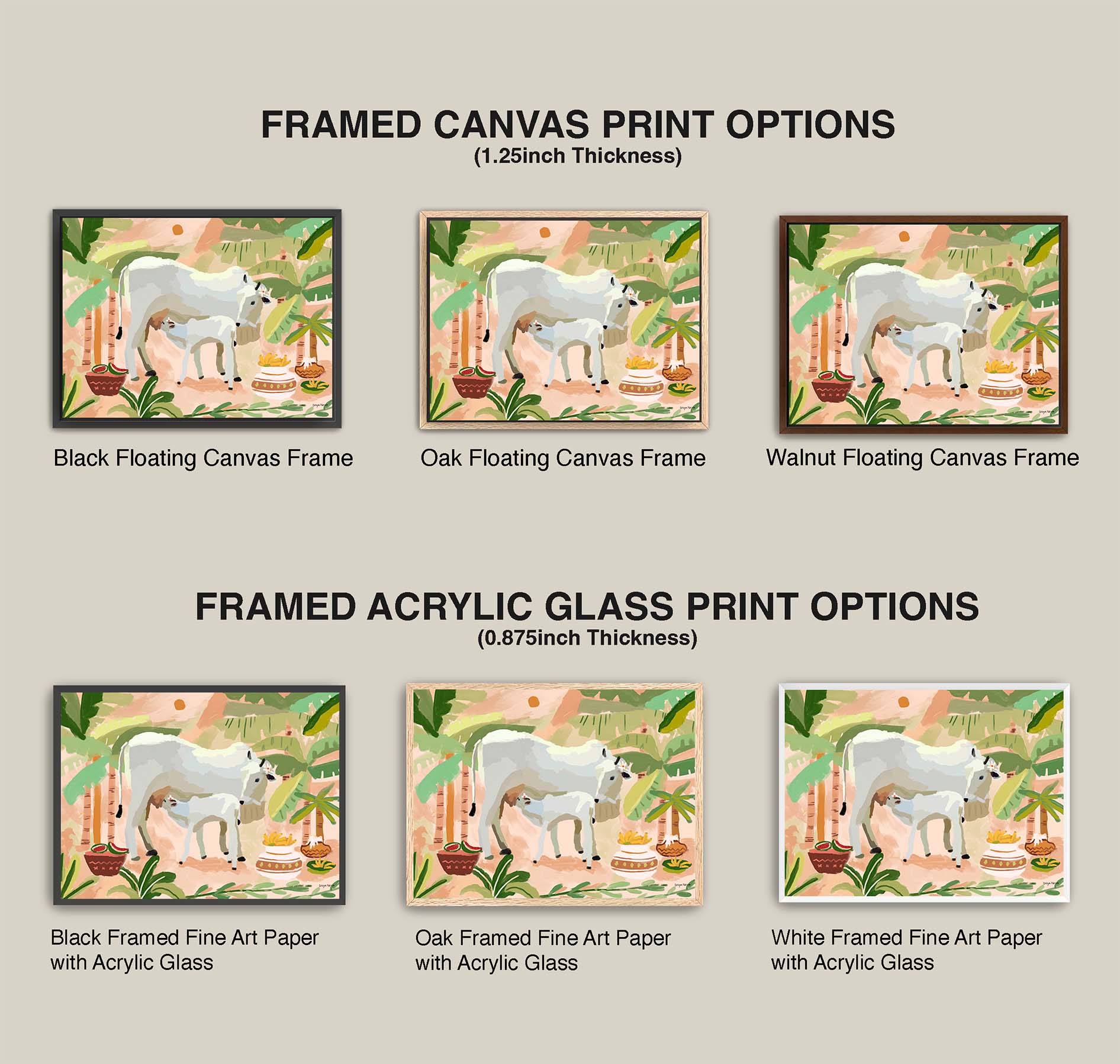 Comparison of framed canvas and acrylic glass print options with different frames on a beige background.
