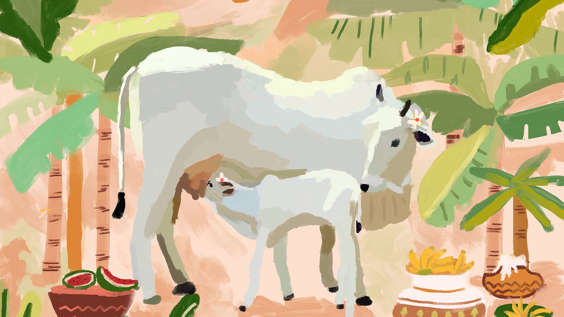 Illustration of a cow and calf in a tropical setting with palm trees and fruits.