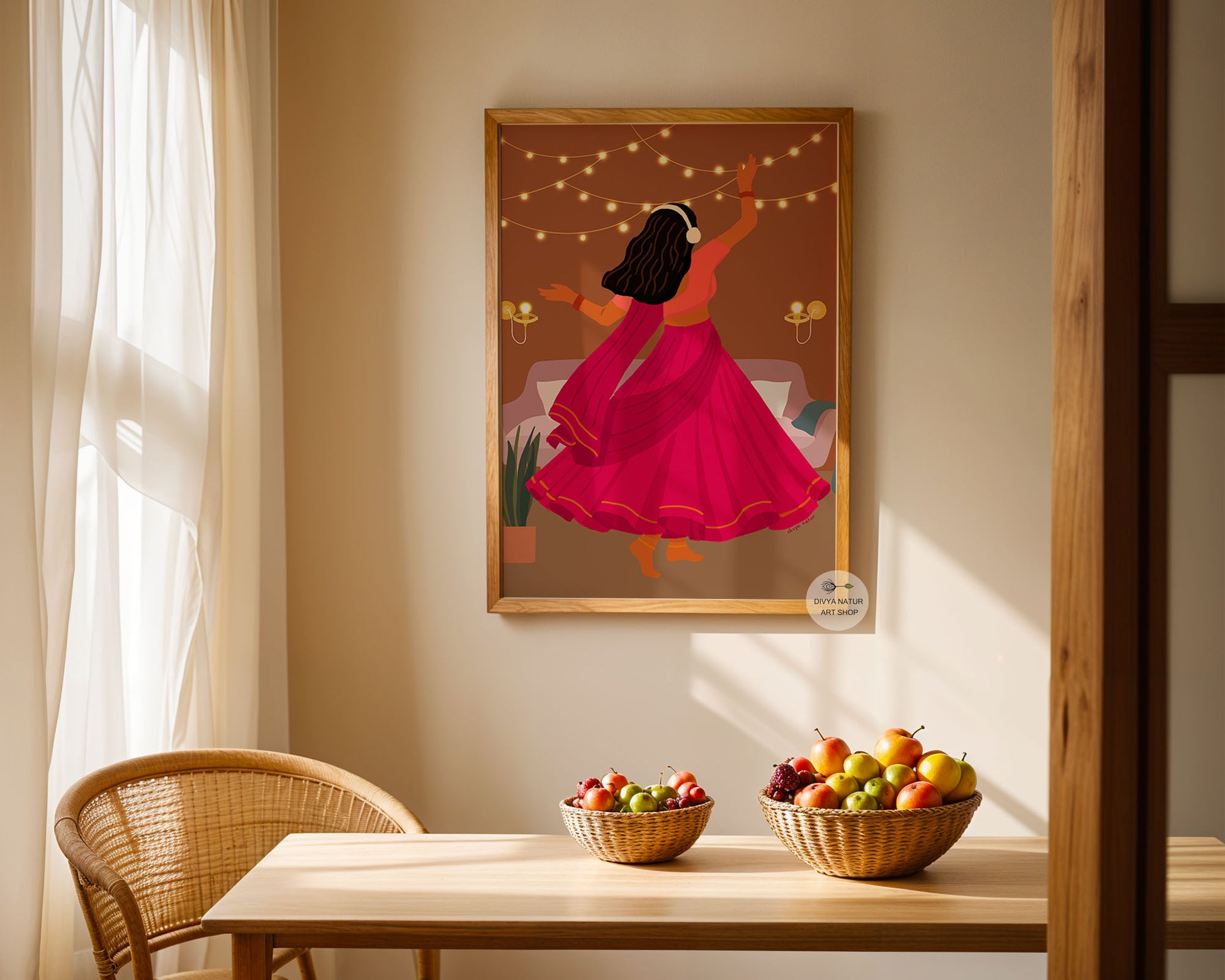 Elegant Indian festival artwork of woman in lehenga dancing with lights