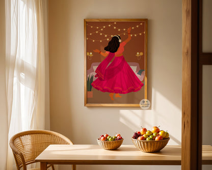 Elegant Indian festival artwork of woman in lehenga dancing with lights