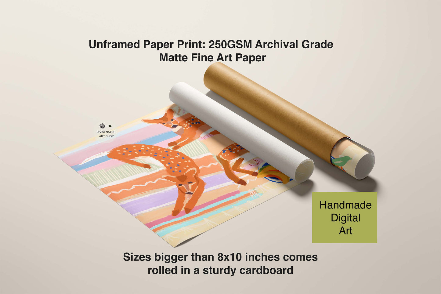 Unframed paper print with a deer illustration, rolled in cardboard on a beige background