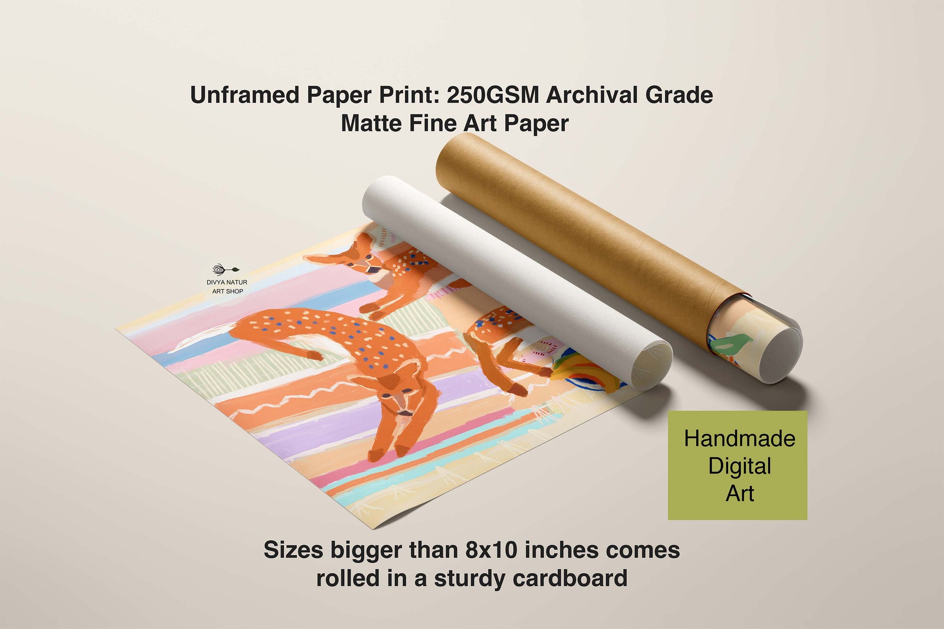 Unframed paper print with a deer illustration, rolled in cardboard on a beige background