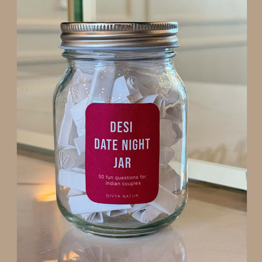 Desi date night jar with fun conversation questions designed for couples to connect and laugh