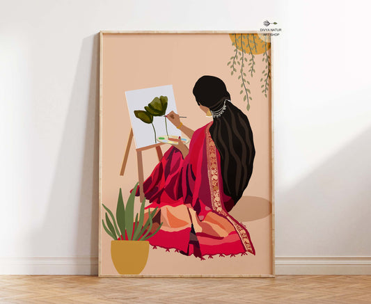 Hand illustrated Indian woman painting fine art print in saree with warm earthy tones decor
