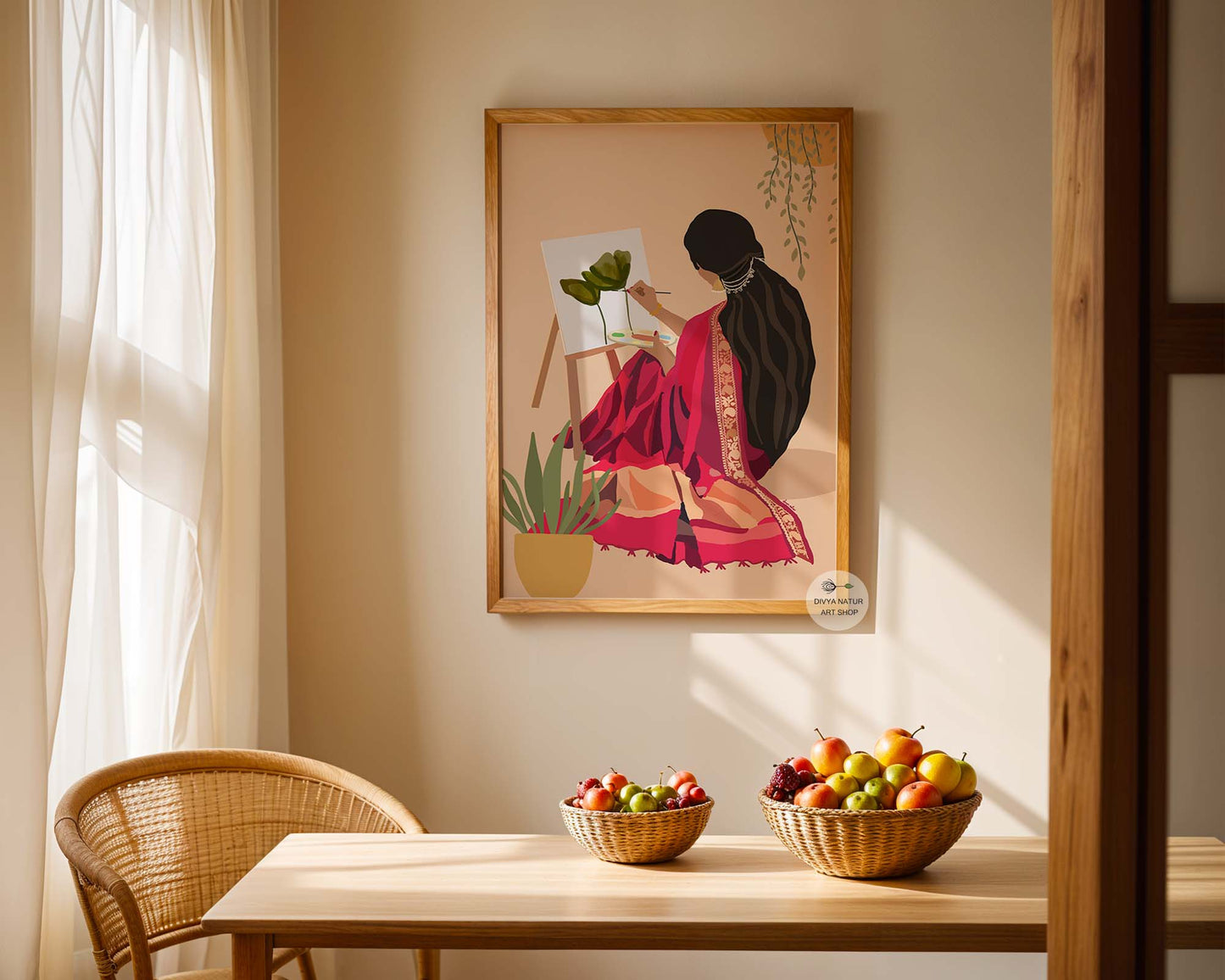 Creative Indian woman painting artwork fine art print for modern home interiors
