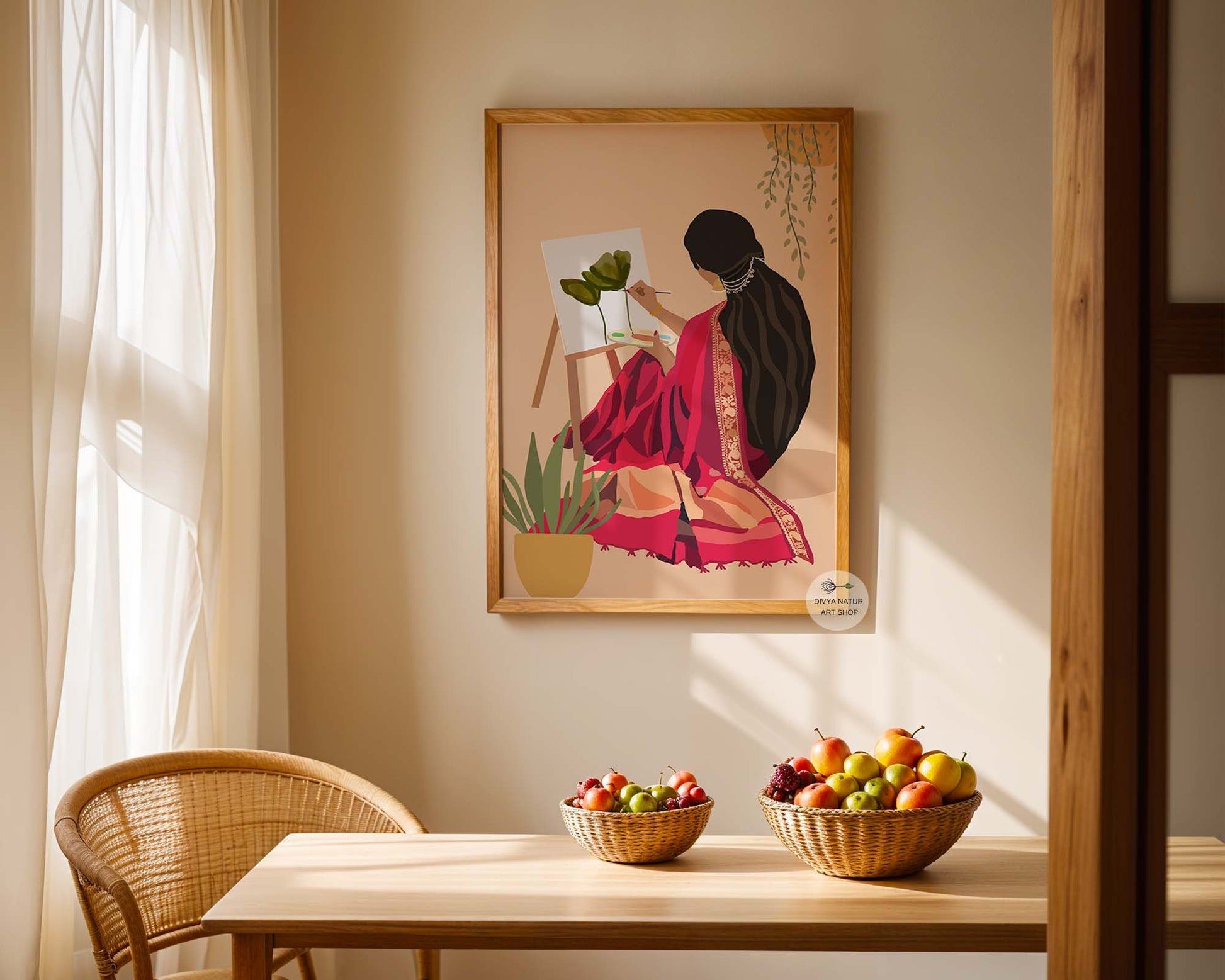 Creative Indian woman painting artwork fine art print for modern home interiors
