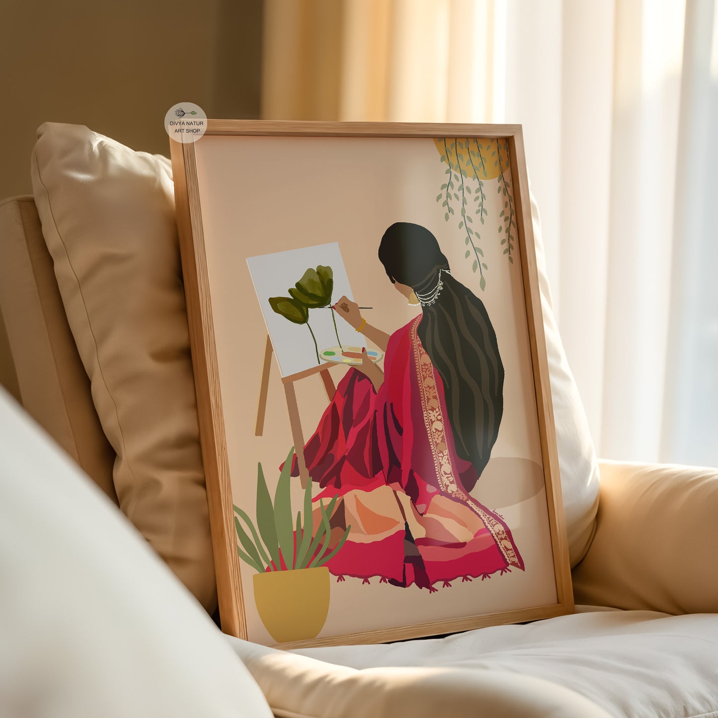South Indian woman artist painting scene fine art print for cultural home decor