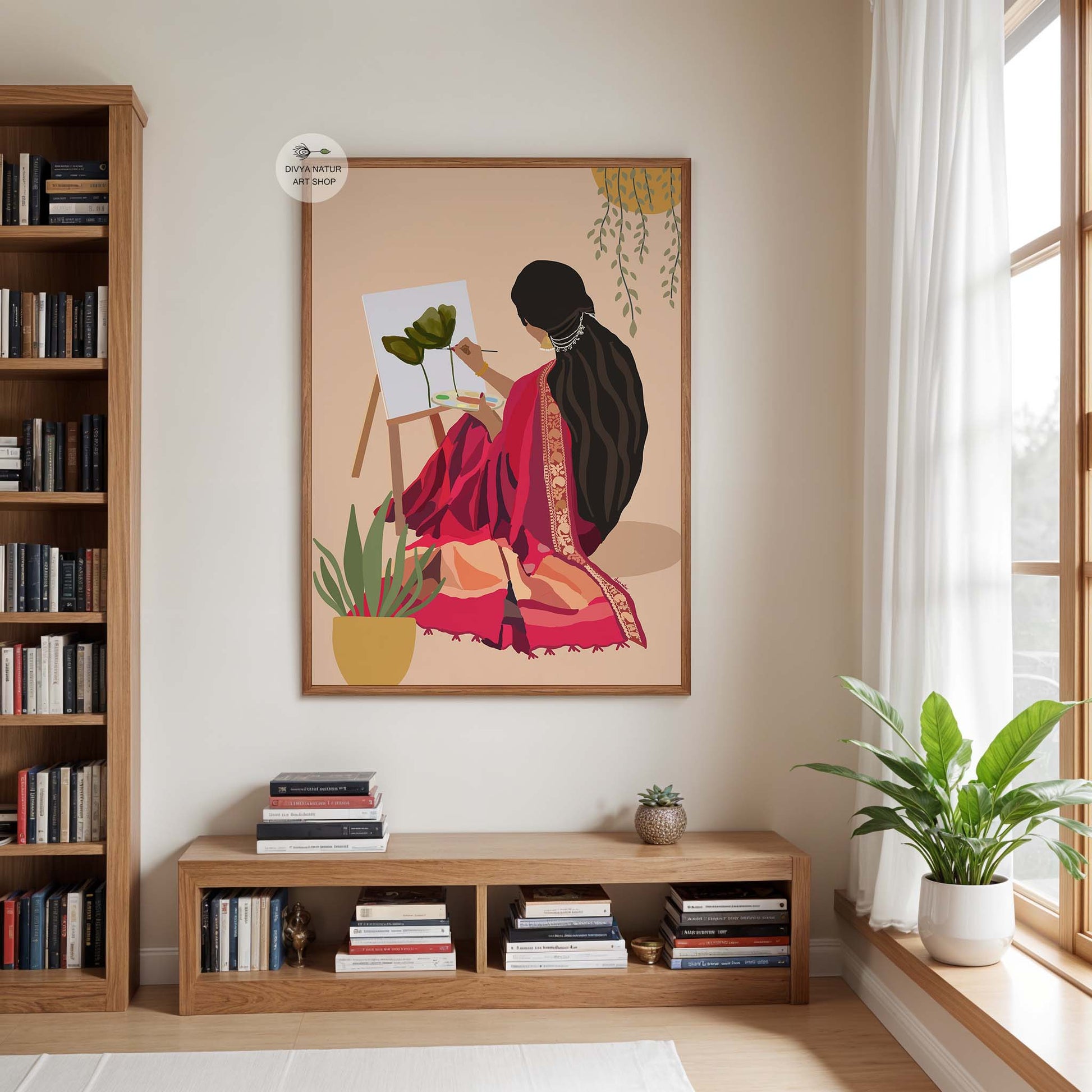 Minimal Indian artist wall art print with easel painting scene aesthetic decor