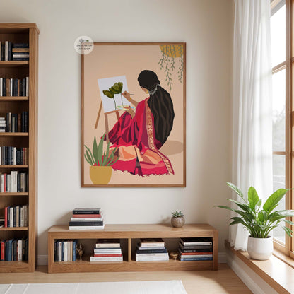 Minimal Indian artist wall art print with easel painting scene aesthetic decor