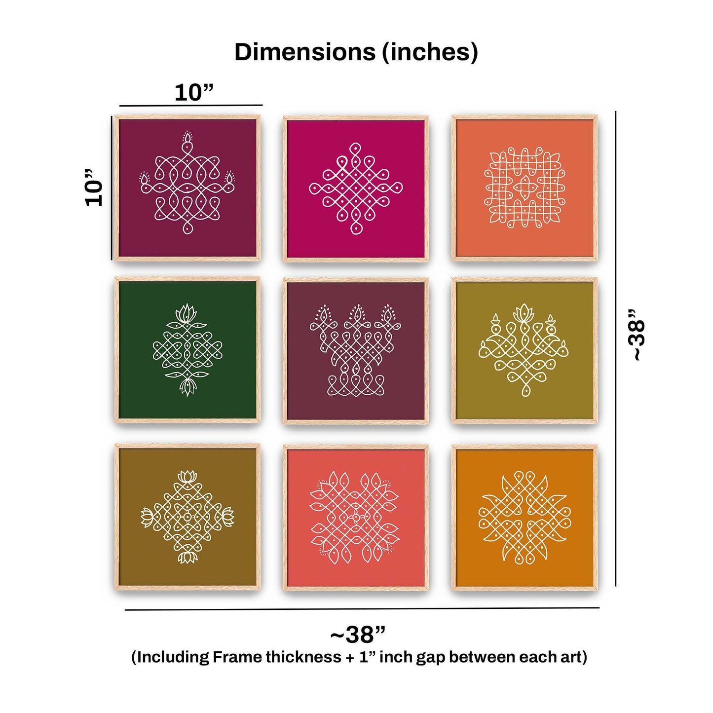 Nine square artworks with Kolam Rangoli geometric patterns on a white background, with dimensions indicated.