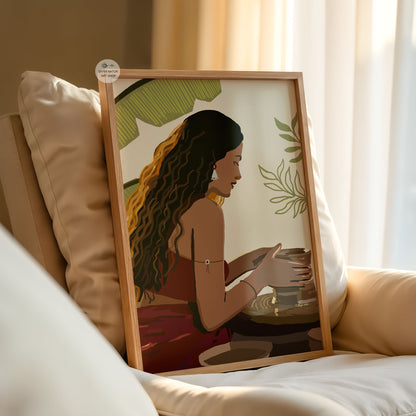 Hand-drawn digital illustration of woman shaping clay on pottery wheel with botanical elements