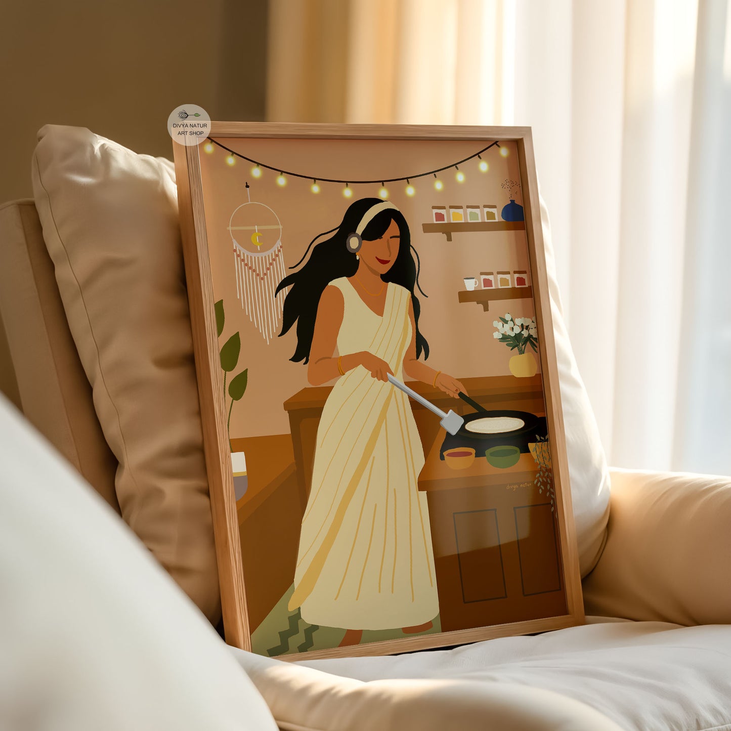 South Indian kitchen scene illustration of woman making dosa under warm lights