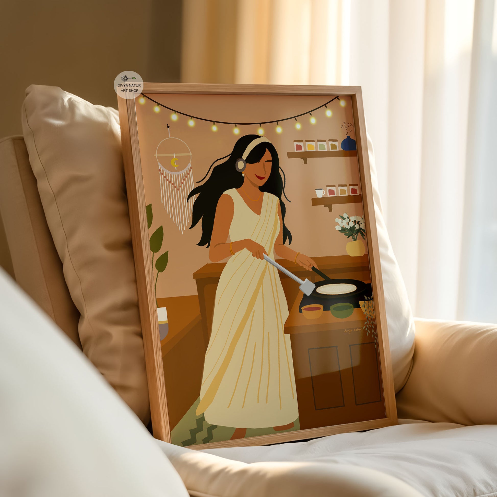 South Indian kitchen scene illustration of woman making dosa under warm lights