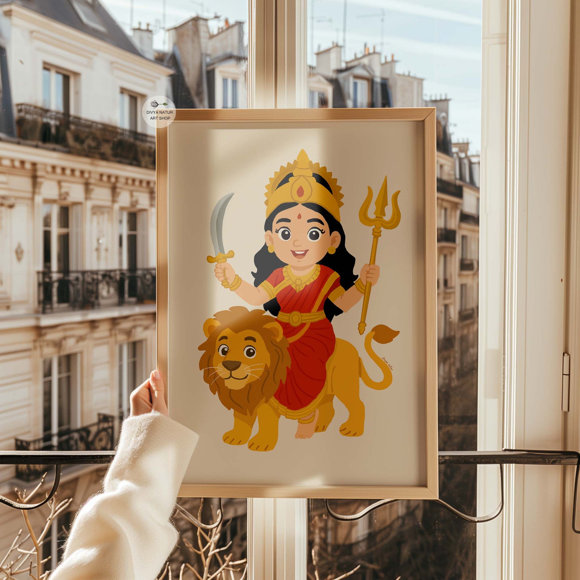 Indian goddess Durga illustrated as a child for Navratri decor and kids spiritual wall art.