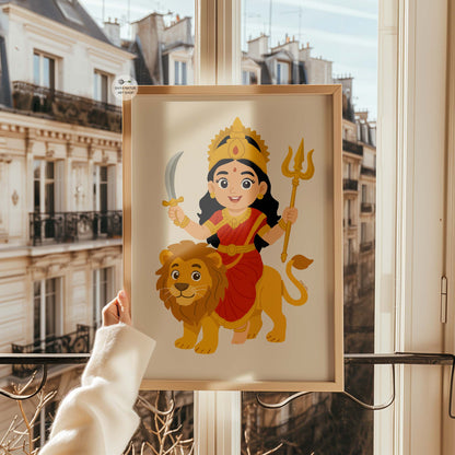Indian goddess Durga illustrated as a child for Navratri decor and kids spiritual wall art.