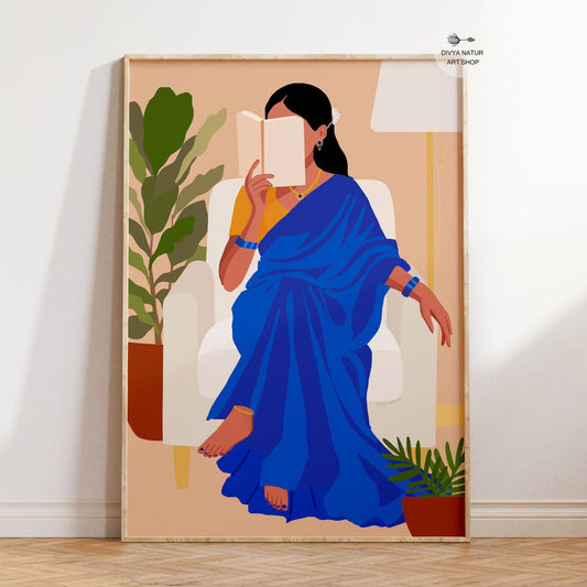 Art print of Indian woman in blue saree reading a book while relaxing in cozy home with plants