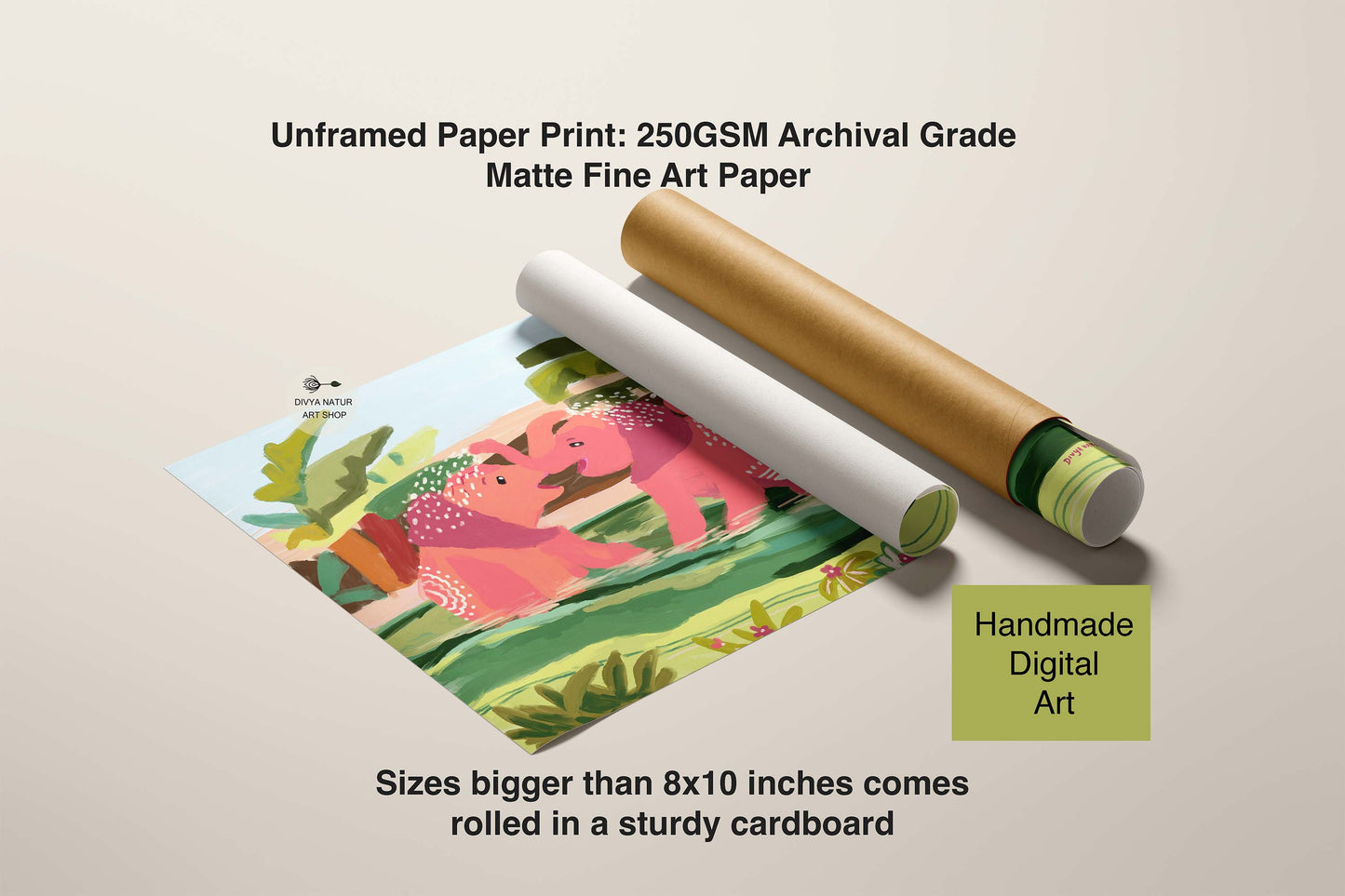 Unframed paper print with a roll of matte fine art paper on a beige background