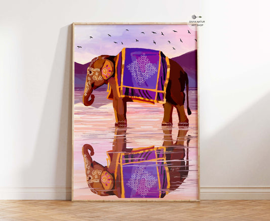 Hand illustrated royal Indian elephant wall art with reflection