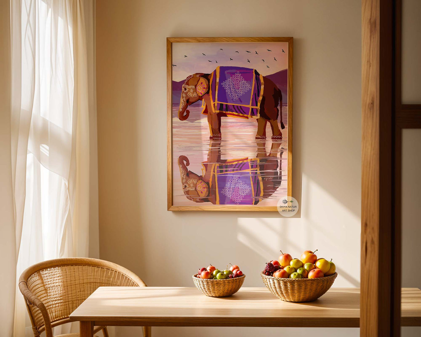 Decorated elephant sunset painting with purple cloth