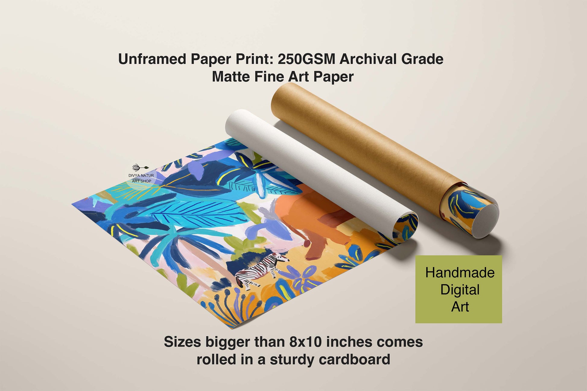 Unframed paper print with colorful design on a beige background