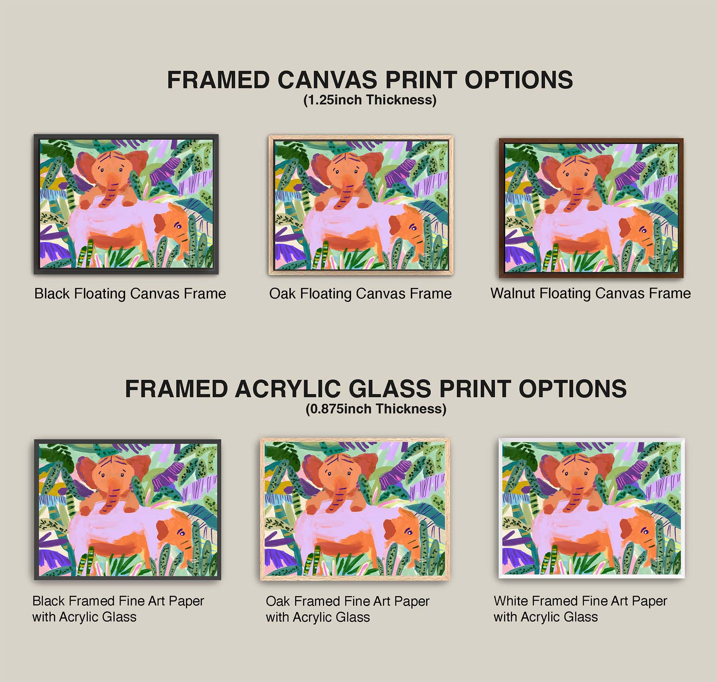 Comparison of framed canvas and acrylic glass print options with a elephant character on a beige background.