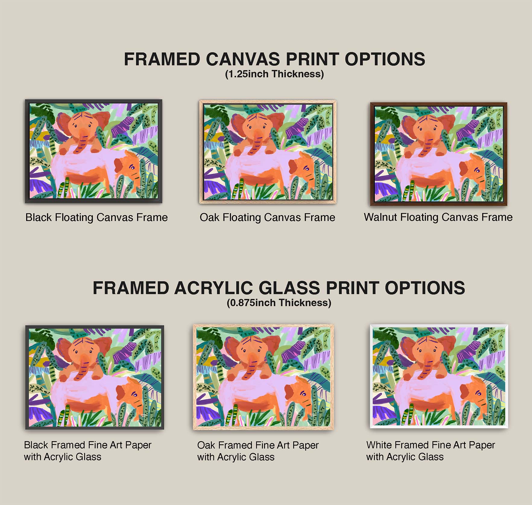 Comparison of framed canvas and acrylic glass print options with a elephant character on a beige background.