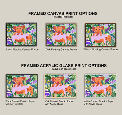 Comparison of framed canvas and acrylic glass print options with a elephant character on a beige background.