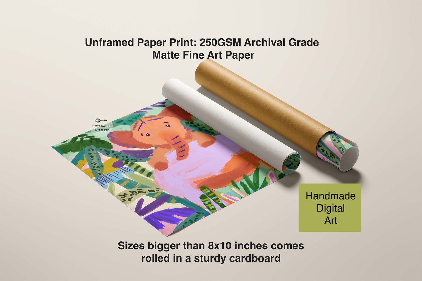 Unframed paper print with a colorful design of a elephant and text about paper quality and dimensions.