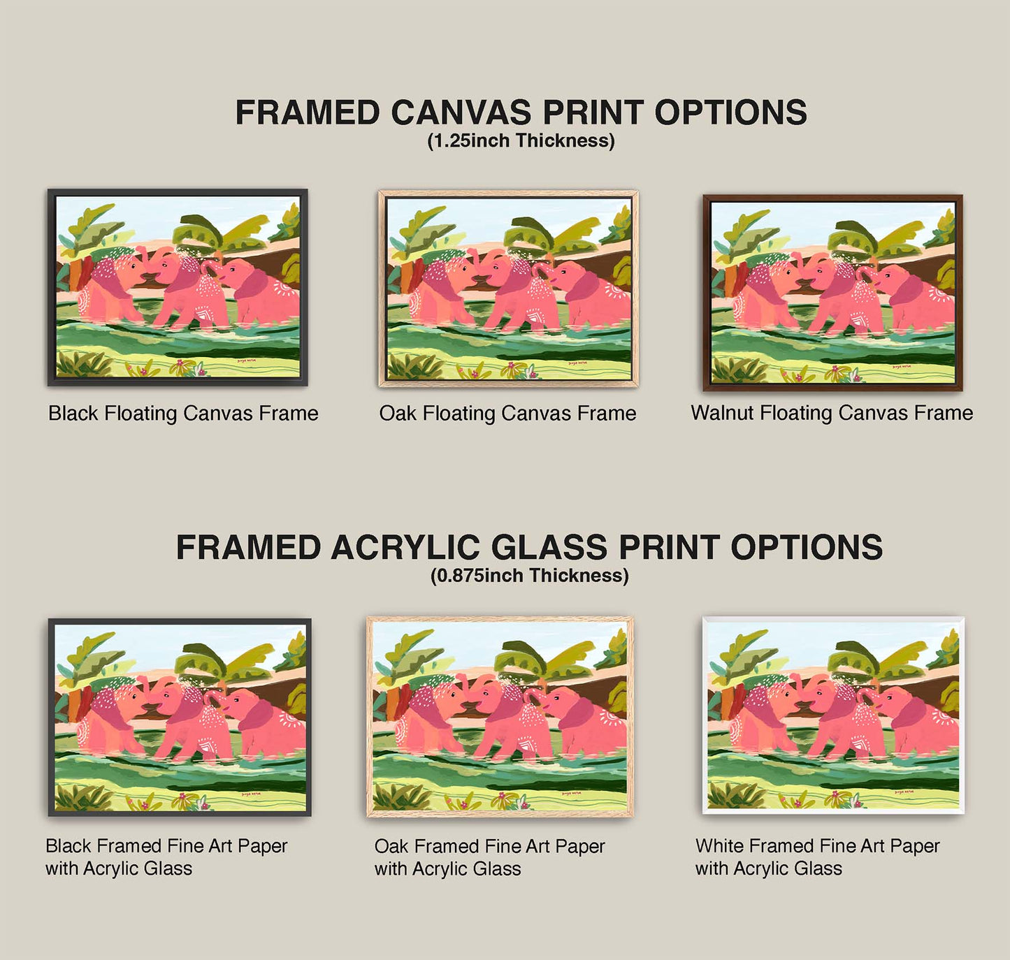 Comparison of framed canvas and acrylic glass print options with pink elephants on a beige background.