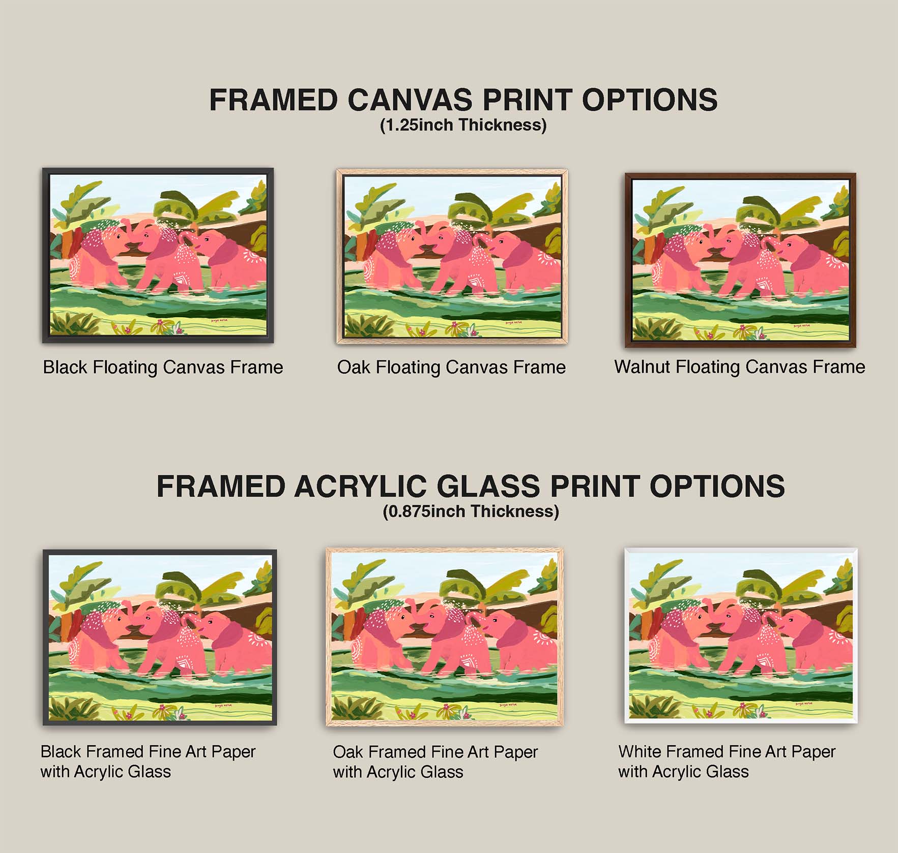 Comparison of framed canvas and acrylic glass print options with pink elephants on a beige background.