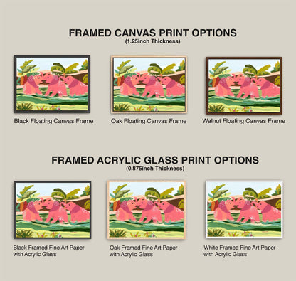 Comparison of framed canvas and acrylic glass print options with pink elephants on a beige background.