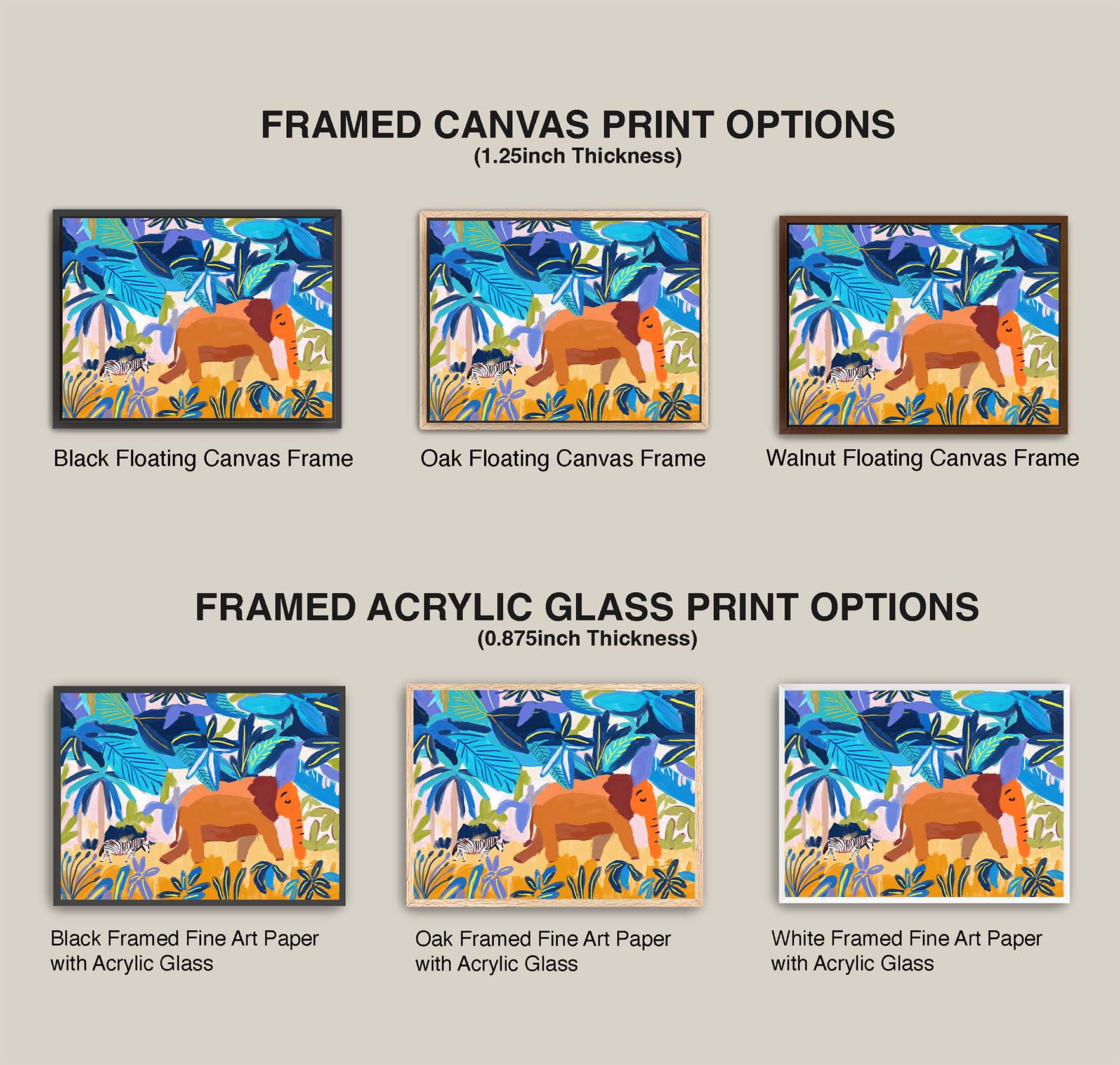Comparison of framed canvas and acrylic glass print options with a colorful animal design on a beige background.