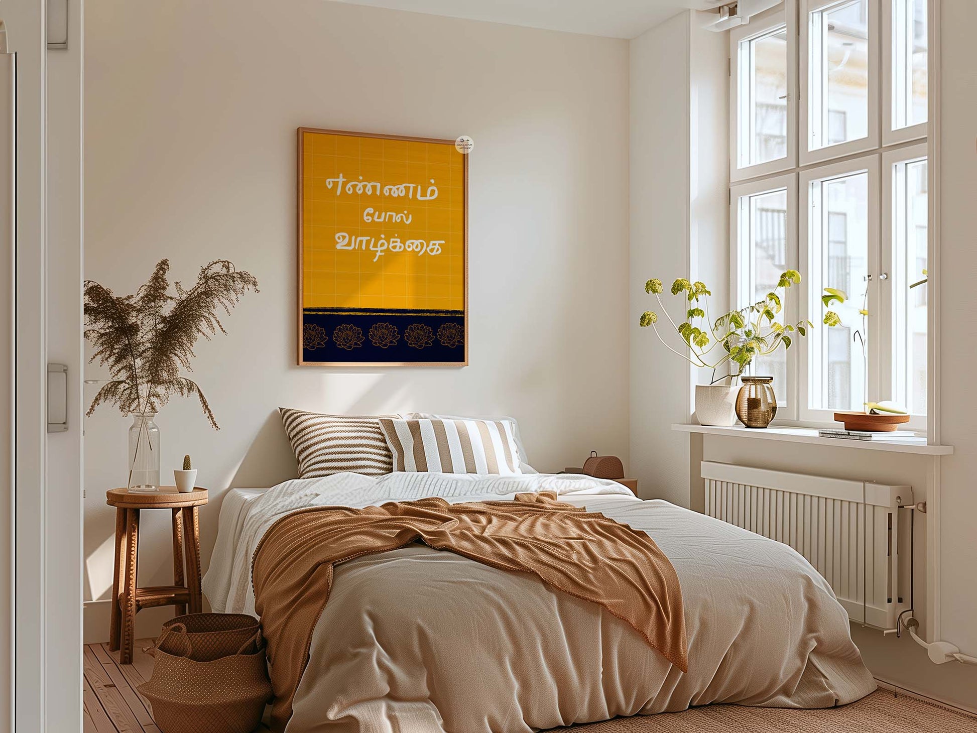 Hand illustrated Indian quote artwork with Tamil script for home or office wall decor.