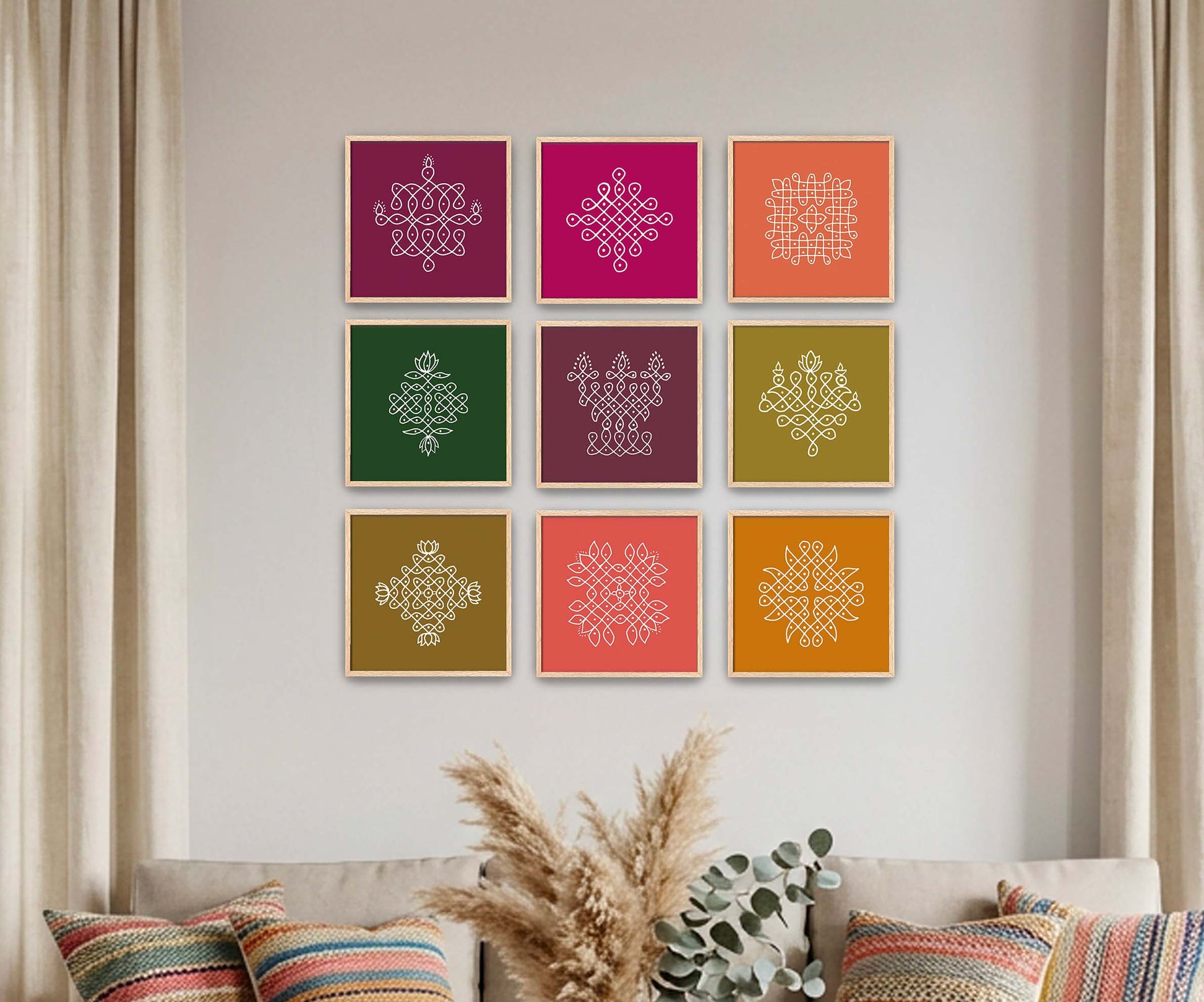South Indian kolam rangoli gallery wall art set featuring colorful sacred geometric patterns in oak frames