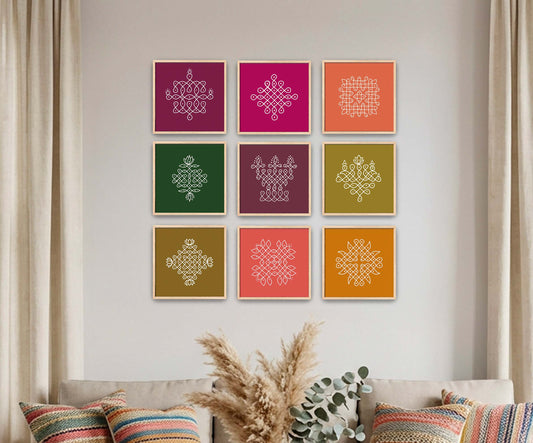 South Indian kolam rangoli gallery wall art set featuring colorful sacred geometric patterns in oak frames