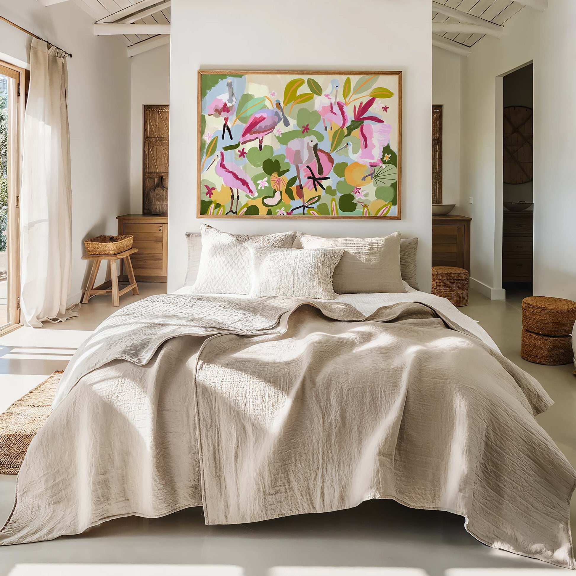 Modern abstract flamingo print with bright pink birds in a lush tropical garden background