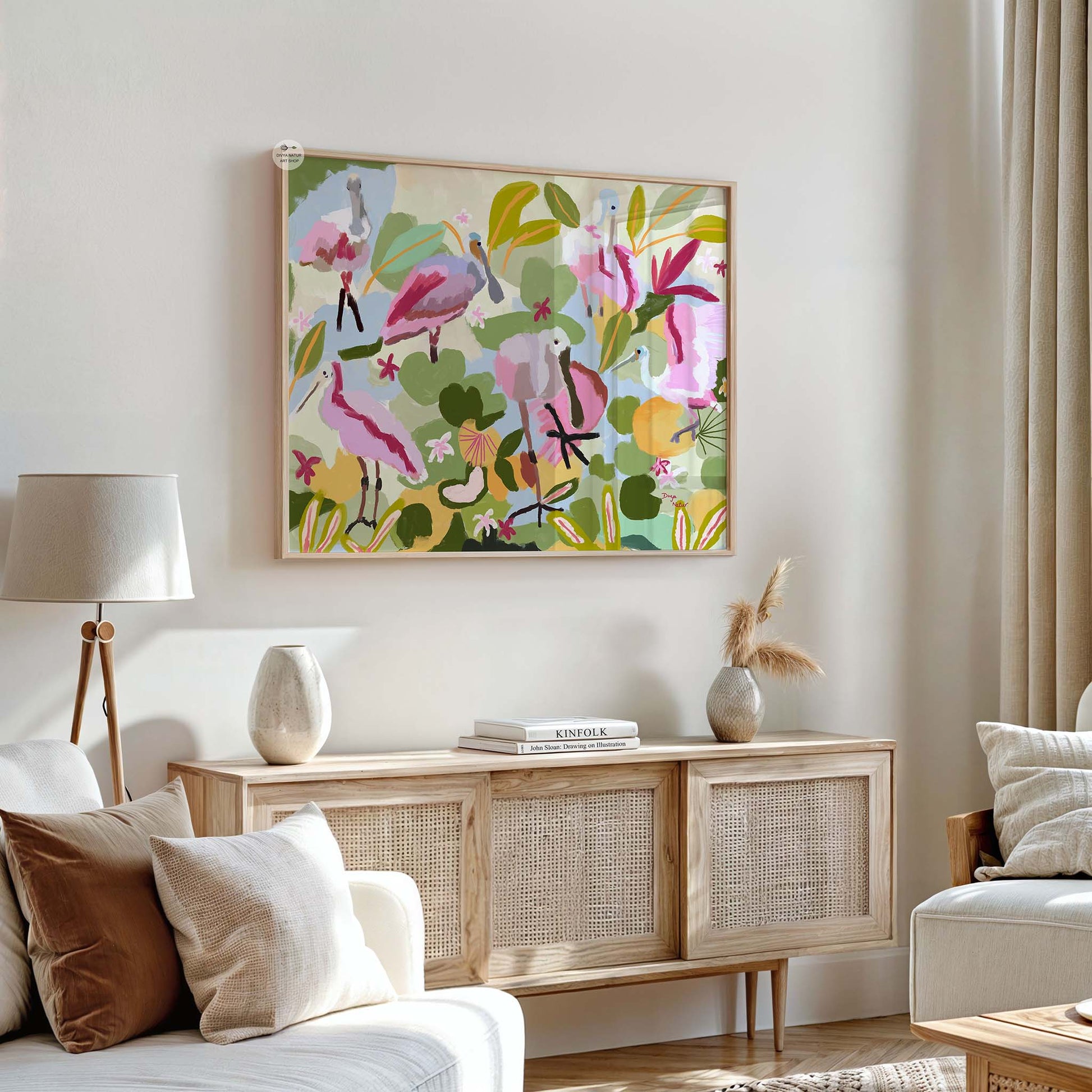 Fine art giclée print featuring flamingos and tropical leaves in bold brushstrokes and soft colors
