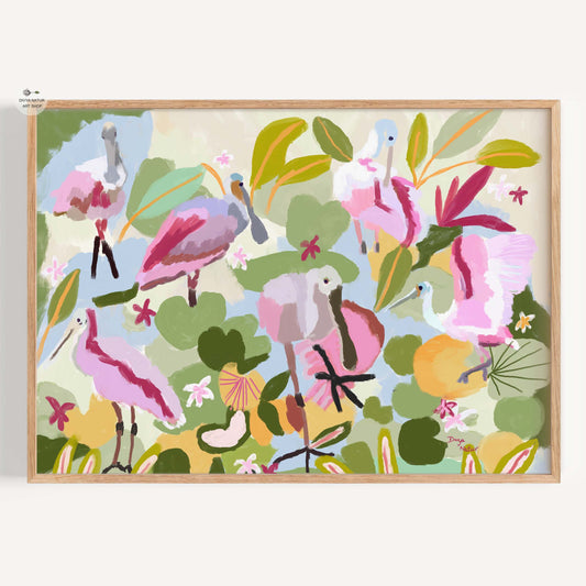 Framed artwork with pink flamingo and green leaf design on a white background