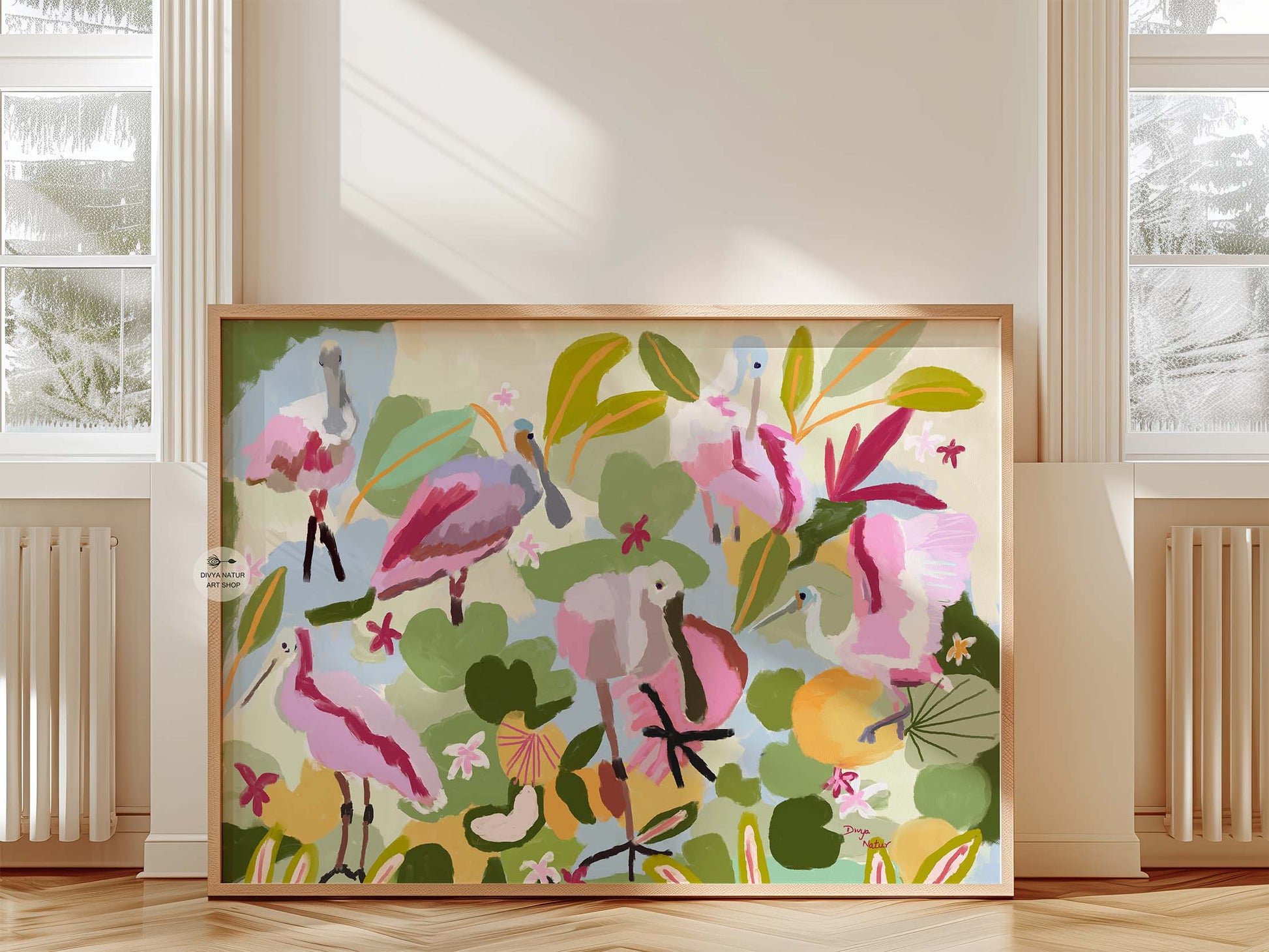 Tropical flamingo wall art with pink birds and green foliage for living room or nursery decor
