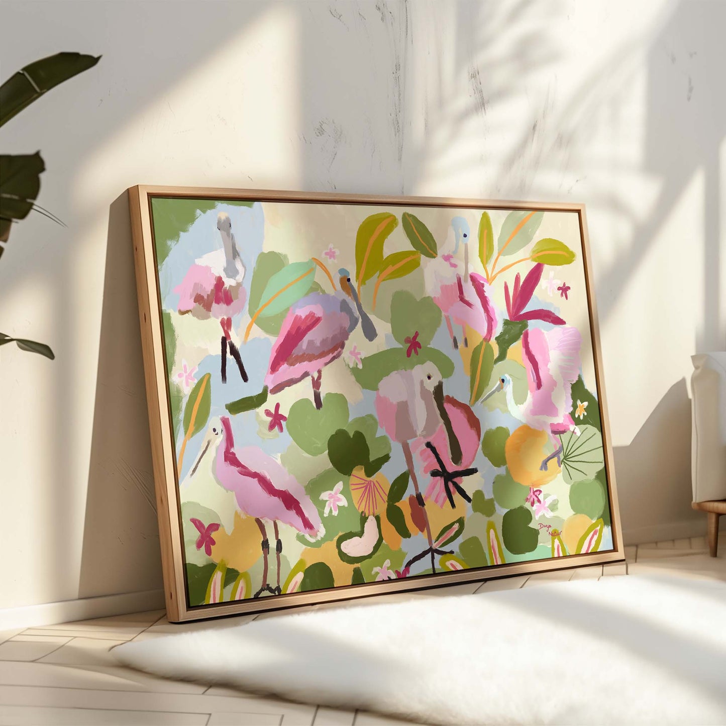 Colorful flamingo painting with vibrant botanical background, modern fine art print