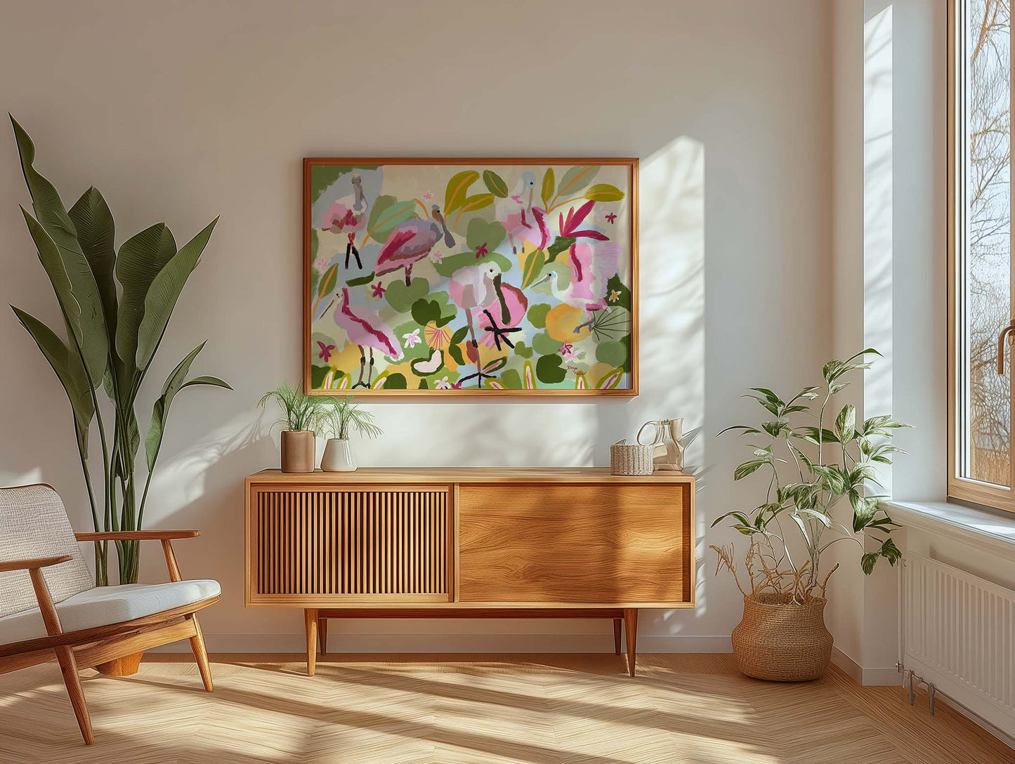 Pink flamingos illustration in abstract garden, playful nature-inspired fine art wall decor