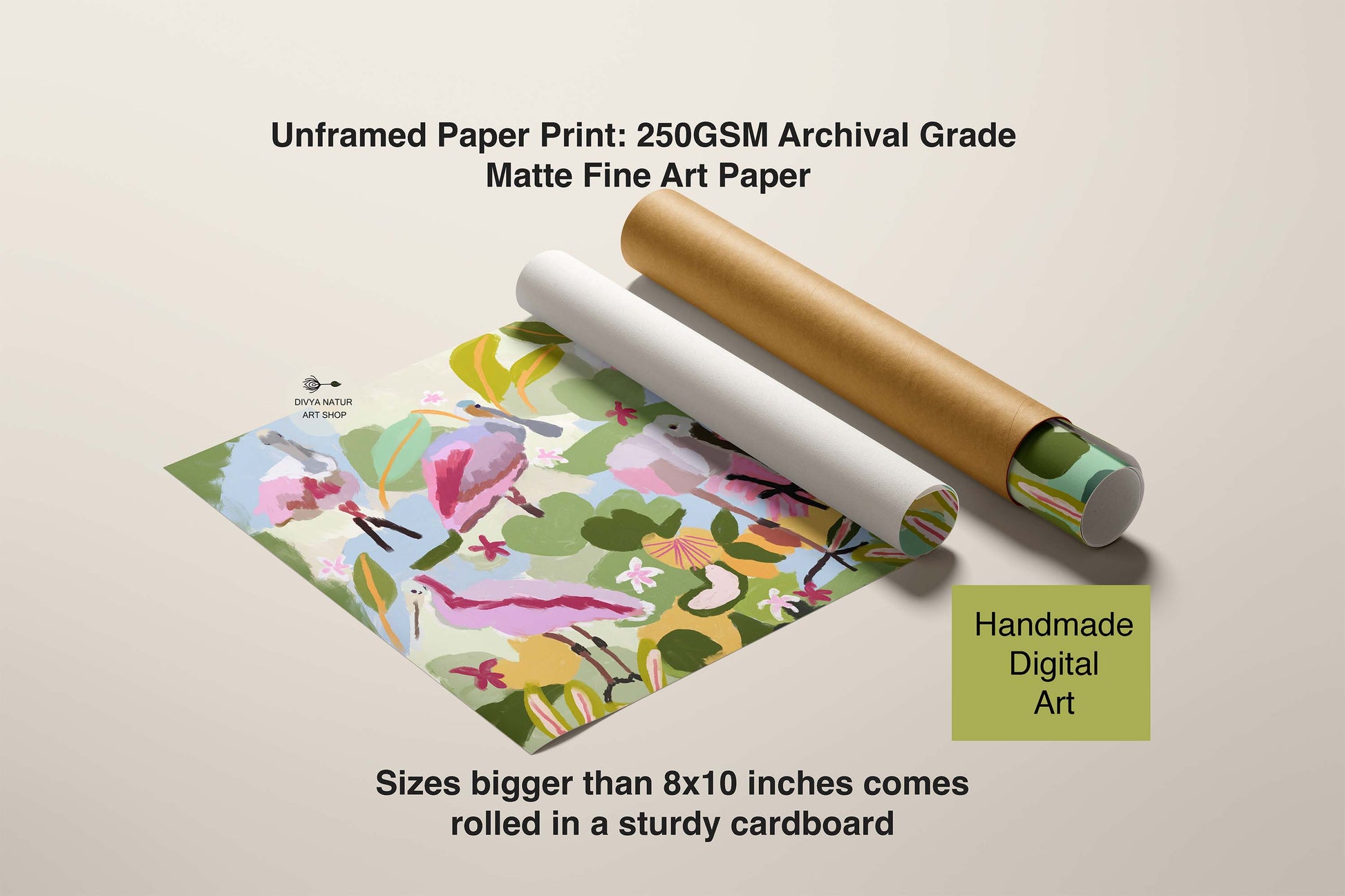 Unframed paper print with a colorful design, rolled in cardboard on a beige background.