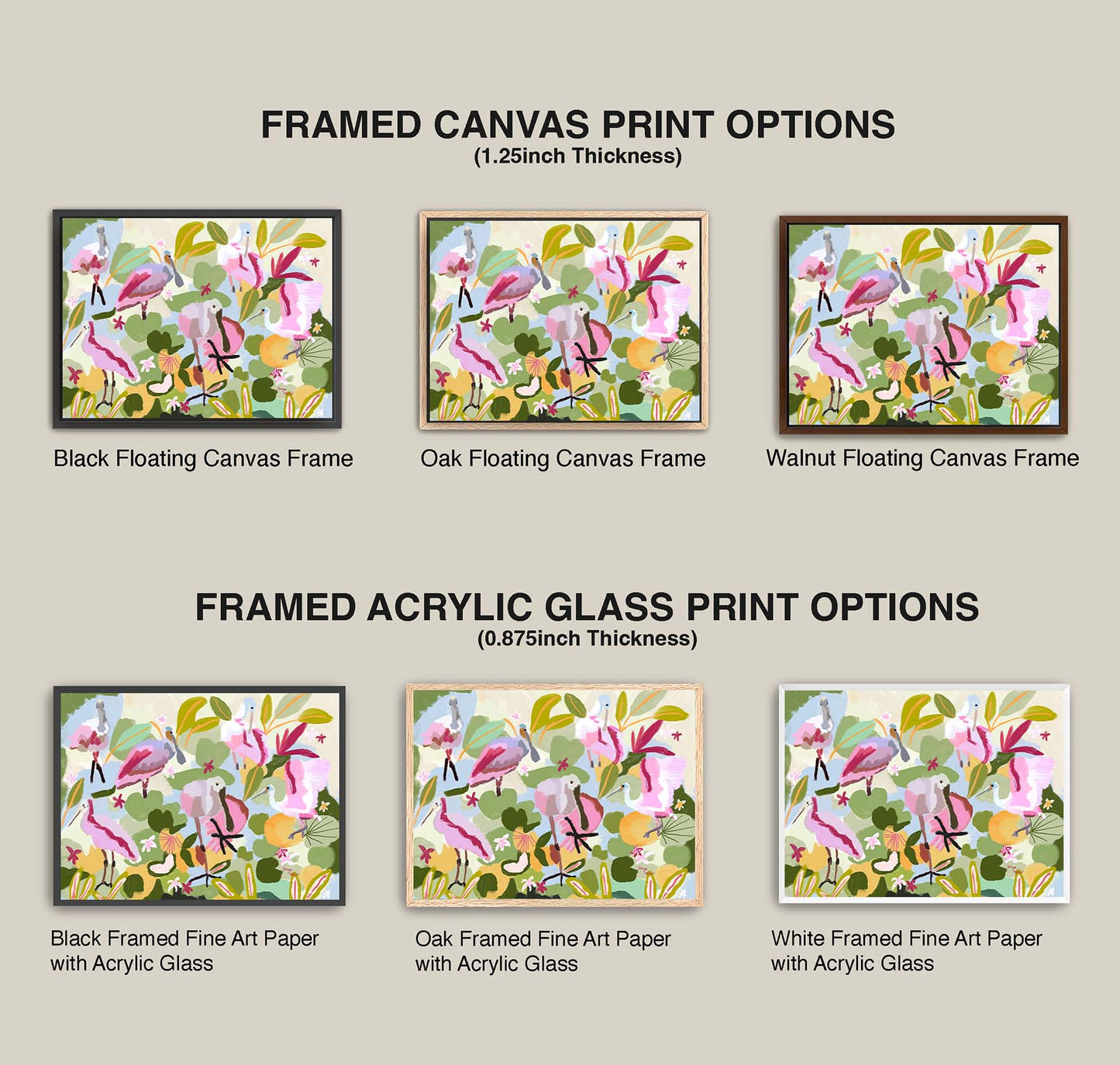 Comparison of framed canvas and acrylic glass print options with flamingo designs.