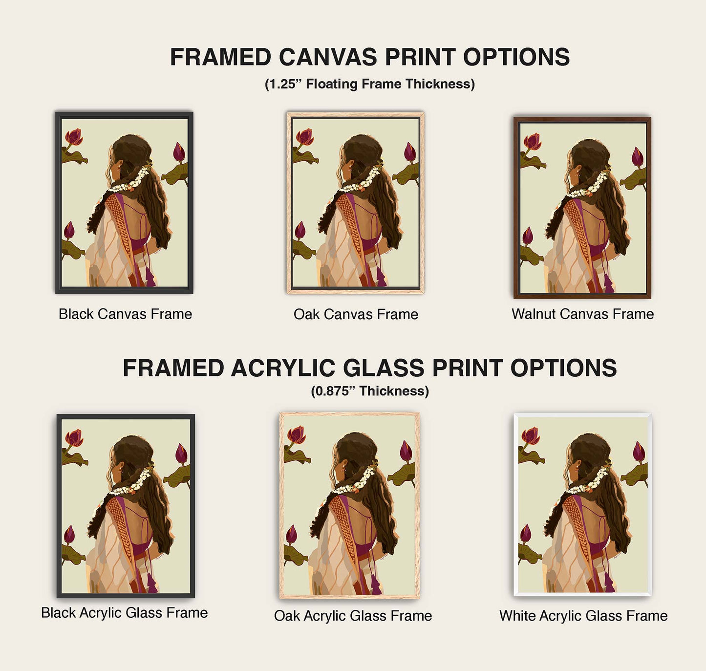 Brown Woman Art Framed canvas and acrylic glass print options with different frame colors on a white background.