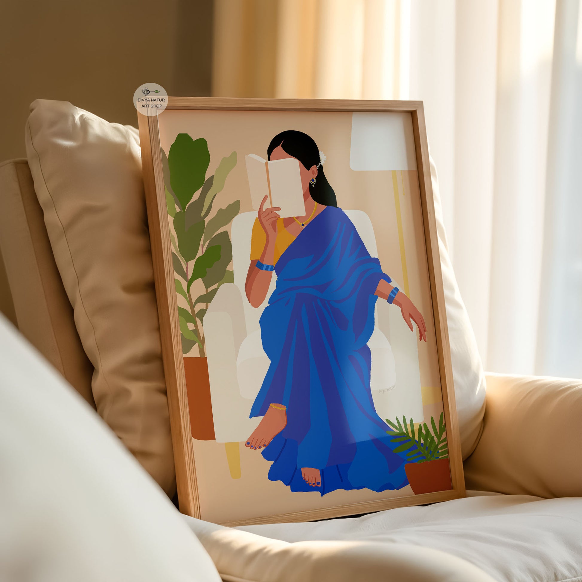 Elegant cultural artwork of woman in saree enjoying a book in peaceful living room decor