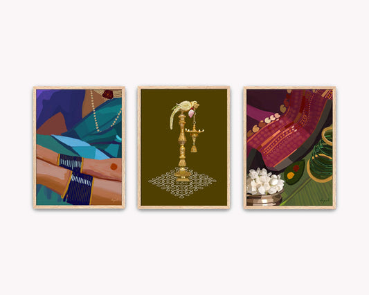 Penmai Framed South Indian Triptych Wall Art Set | Feminine Ritual  18"x24"